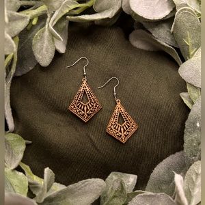 Intricately shaped laser-cut, wood drop earrings